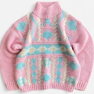 Vintage Bravo Hand Knit Pink Blue White Acrylic Knit Retro 80s Mockneck Sweater